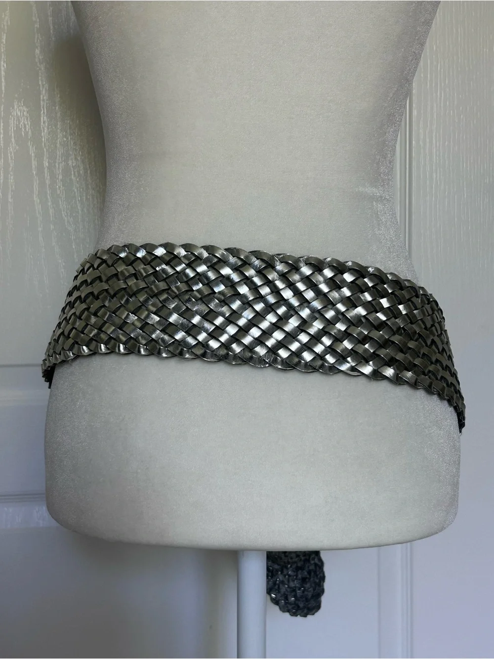 Silver Woven Statement Wide Belt with Oval Buckle Leather Adjustable